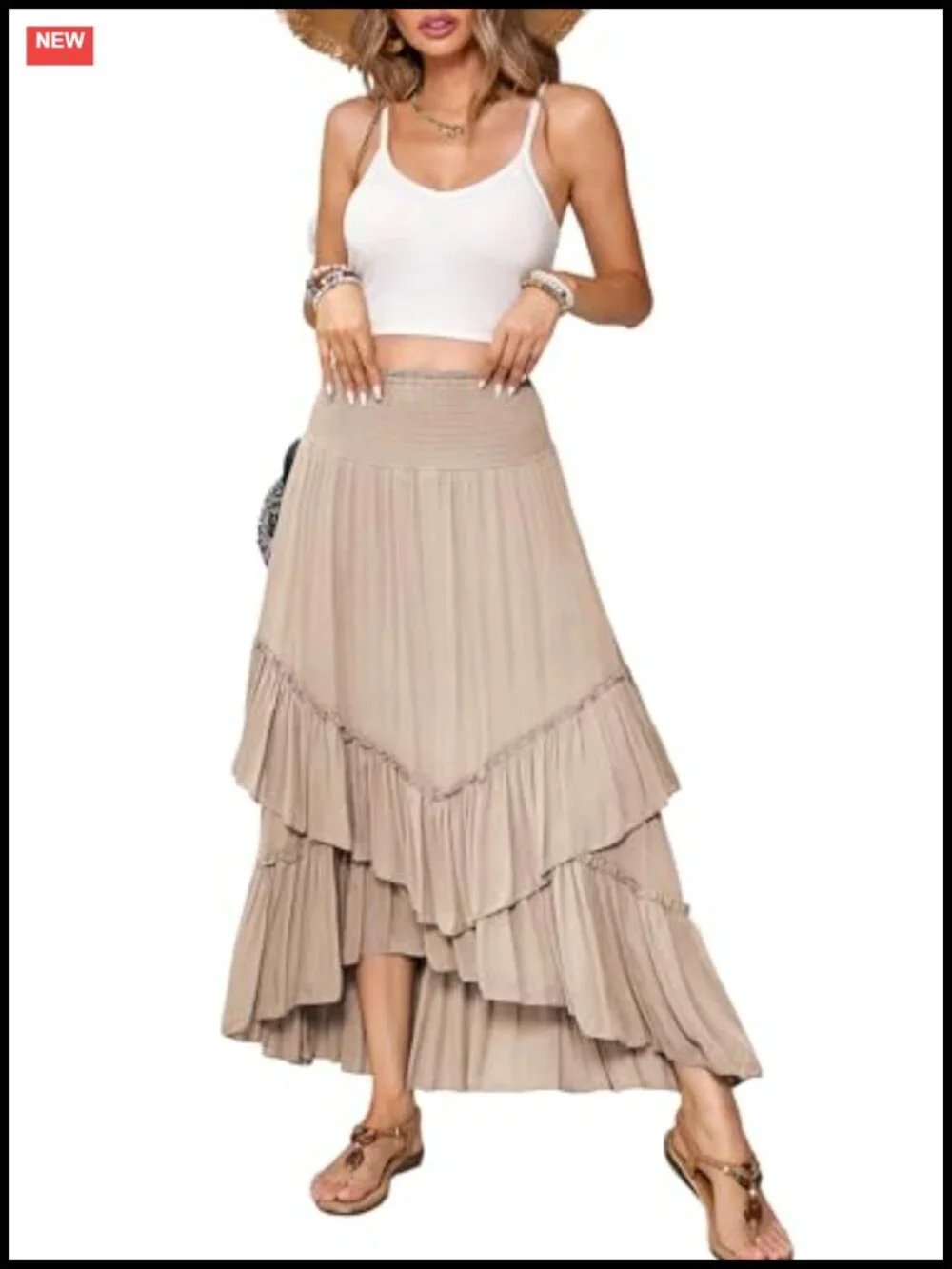 Smocked Elastic High Waisted Boho Midi Skirt, Strapless Tube Dress, Layered